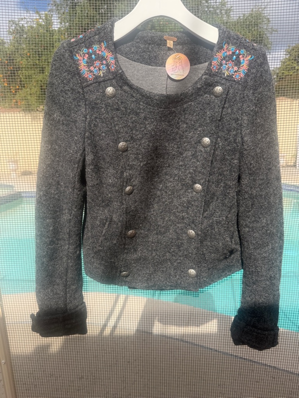 Free People grey Embroidered Cropped Jacket with Multicolor Accents
